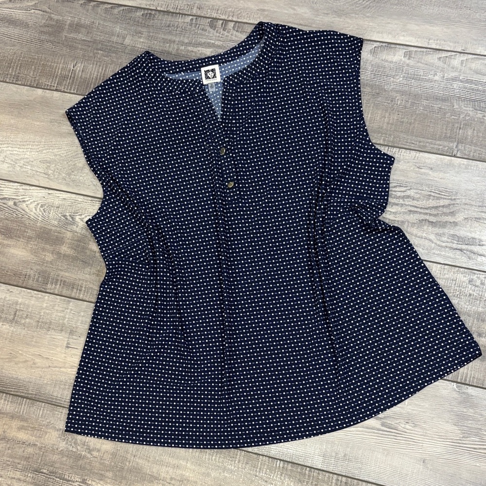 Anne Klein Navy Blue White Polka Dot Silky Stretchy Sleeveless Top EUC 2X